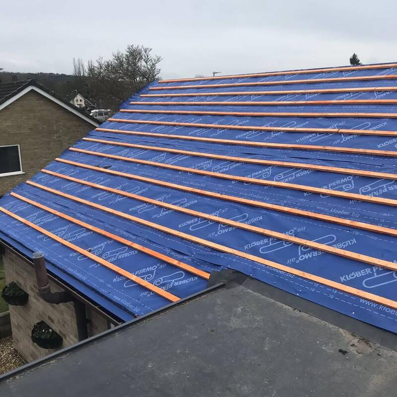 A picture of a pitched roof being replaced by Roofers Sheffield, membrane and batons newly laid.