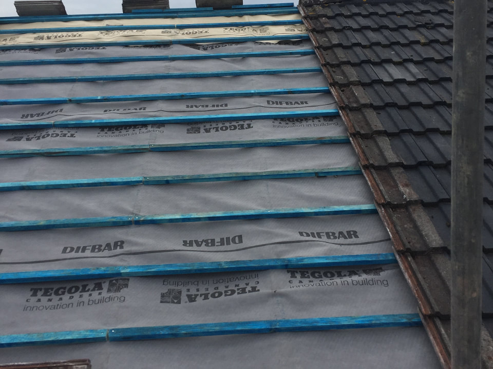 A picture of a roof replacement, complete with new roofing membrane and timber batons, undertaken by Roofers Sheffield. 